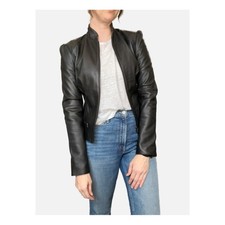 Paige Leather Puff Sleeve Moto Jacket Full Zip Black Small