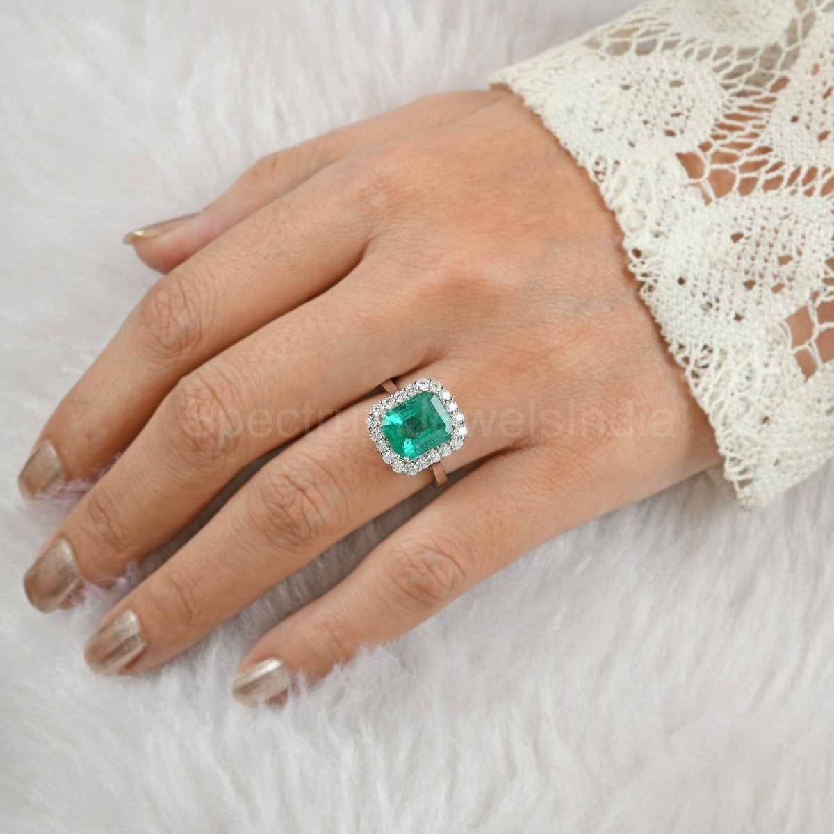 4.92 Tcw Natural Zambian Emerald Diamond Engagement Ring 18k White 