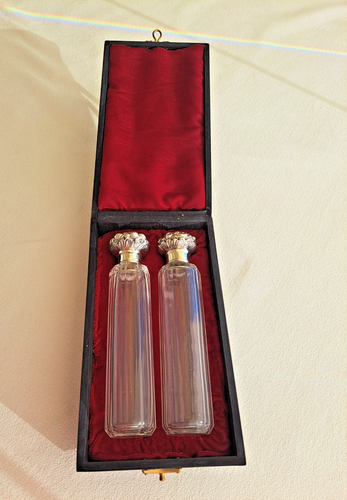 Antique Sterling silver and crystal Two PERFUME BOTTLES London 1900 . With box - 第 1/14 張圖片