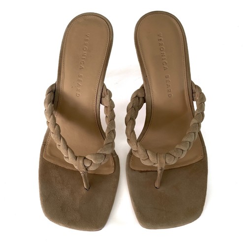 $295 Veronica Beard Marissa Heel Sandal 7M Suede Square Thong Toe Braided Strap - Picture 8 of 14