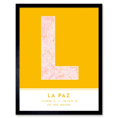 La Paz Bolivia City Map Typography Framed Wall Art Print 12x16 In