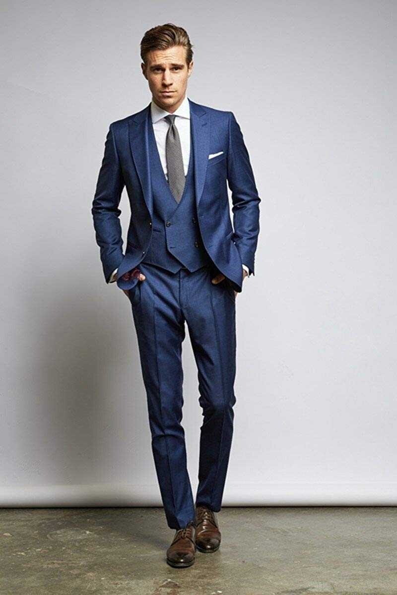 Men's Classic Blue Suit Solid Color Single Breasted Jacket Peak