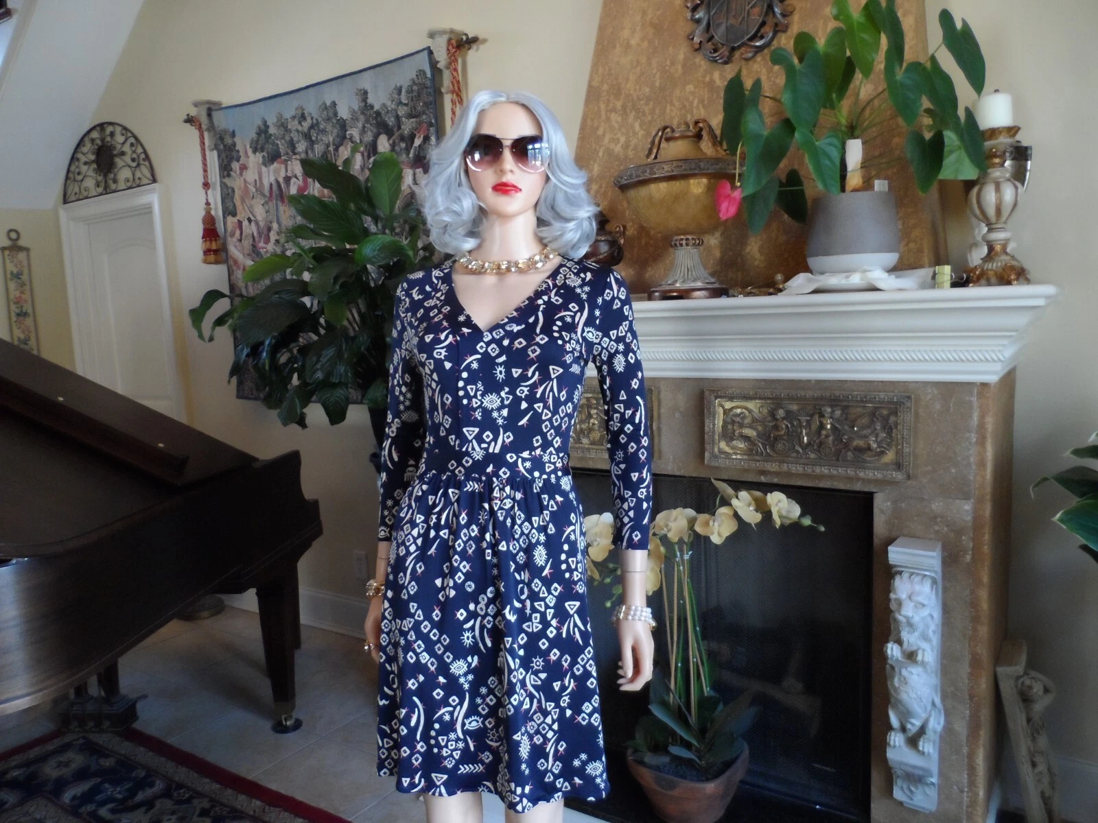 Abito in guaina multistampa Tory Burch 100% seta blu navy taglia PXS