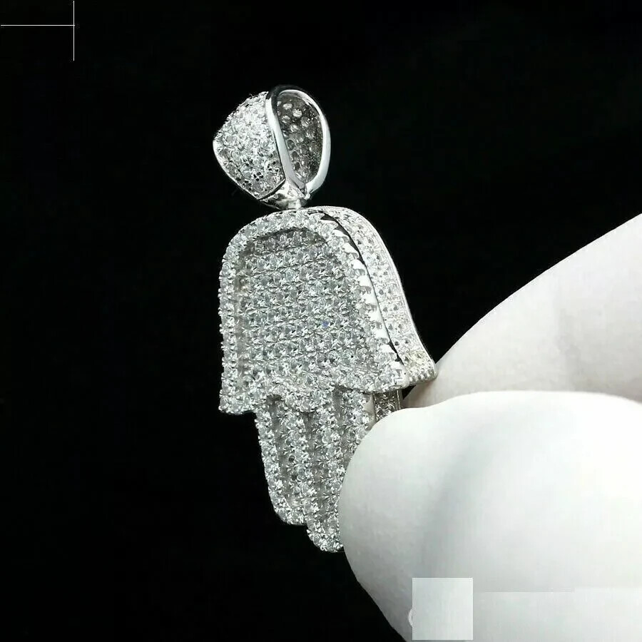 2Ct Real Moissanite Hamsa Hand Pendant Free Chain 14k White Gold Plated