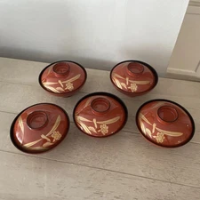 Set of 5  Vintage Japanese MCM Owan Bowl Lacquered Black Red