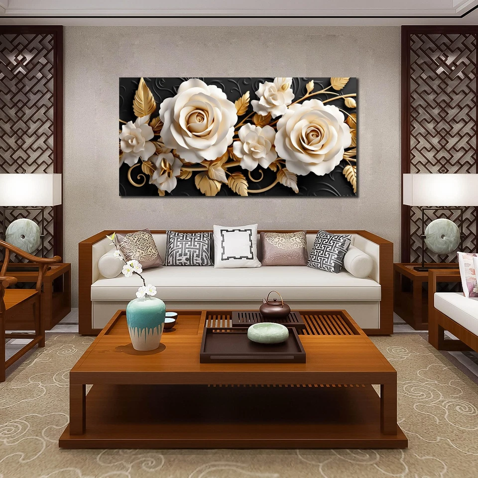 Arte de pared de lienzo grande con flores para sala de estar dormitorio hogar oficina blanco y listo... Foto 4 de 4