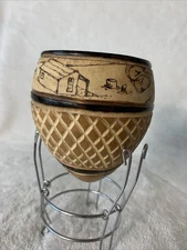 Vintage Yerba Mate Gourd Cup Carved Diamond Pattern Rustic Pyrography Scene