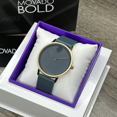 NEW✓SWISS✓ Movado FACE Gray Dial Teal Blue Leather 41mm Gold