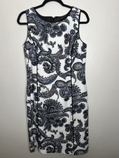 Talbots Sheath Dress Paisley Black White Royal Blue Midi Formal Size 10