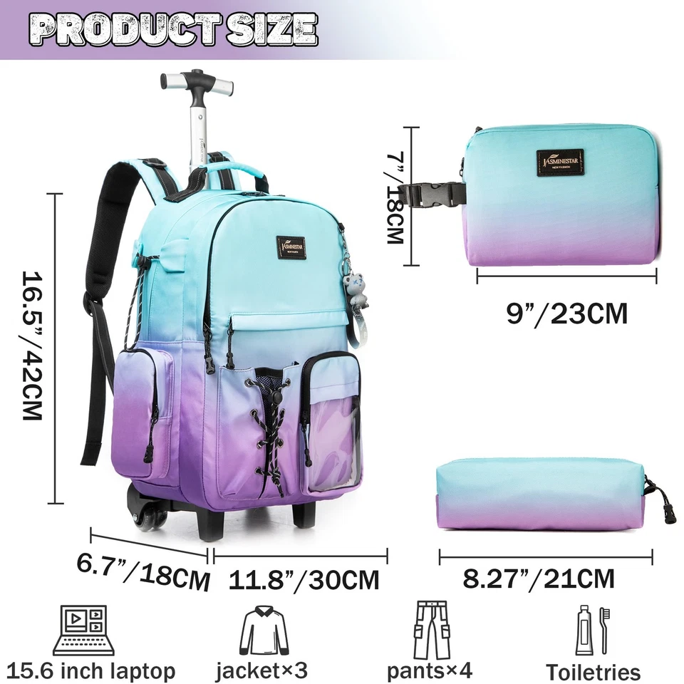 Rolling Backpack for Girls Backpack with Wheels for Teens Boys Kids Rolling B... - Image 2 of 4