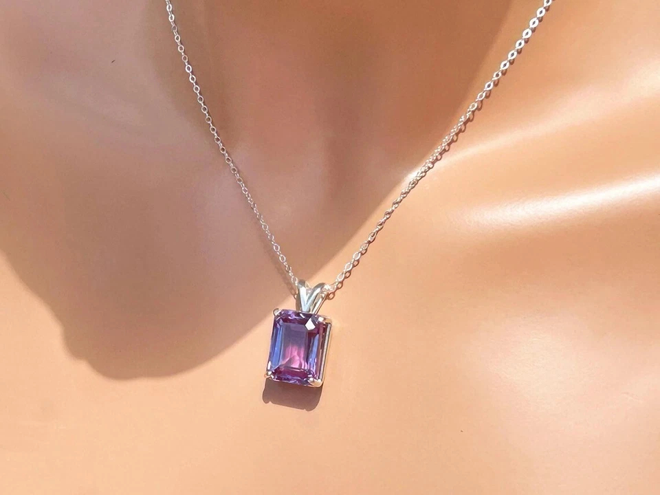 8x10mm Alexandrite Heart Cut Necklace in 14K White Gold Finish June Birthstone - Image 3 of 4