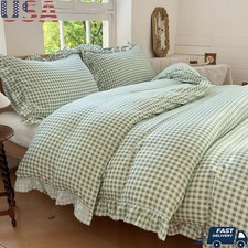 Vintage Duvet Cover Set Plaid Microfiber Soft Bedding Ruffle Edges 3-Piece New