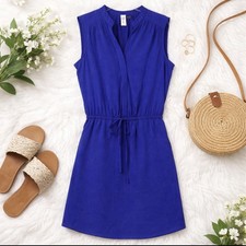 RD Style Women's Modest Royal Blue Tie Elastic Waist House Dress Size XS