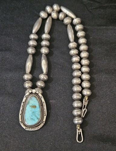 Vtg Native American Turquoise Sterling Pearl Bead Necklace Marked E. T.