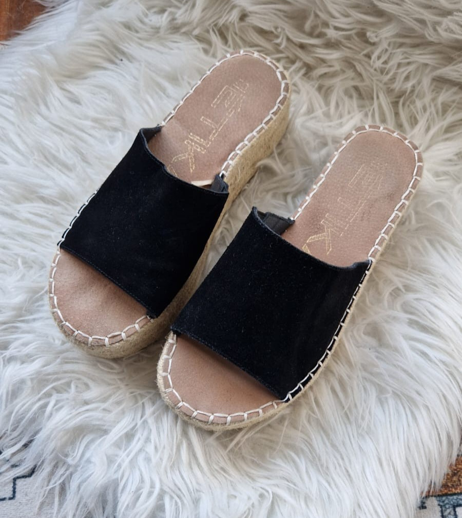 Sandalias de verano ETIKA de tacón medio de cuña para dama zapatos negros sin cordones de cuero Reino Unido 5