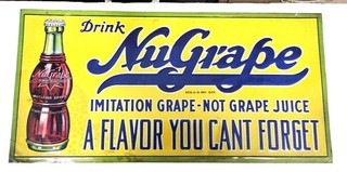 Colorful Embossed NuGrape Soda advertisement sign 23 3/4 X 11 3/4