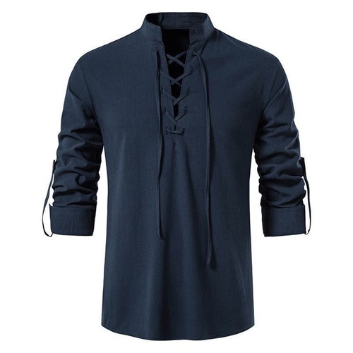 Renaissance Men Knight Medieval Viking Pirate Costume Lace Up Tops Cosplay Shirt - Picture 9 of 13