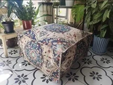 POUF COVER Boho Contemporary Cotton Linen Fabric Footstool Ottoman Blue RISEON