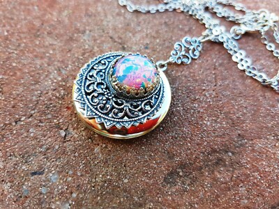 Opal Moon round silver locket necklace with vintage glass opal antique style 