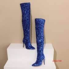Sequins Dance Party Stage Stilettos Heels Shoes Over The Knee High Boots Women's