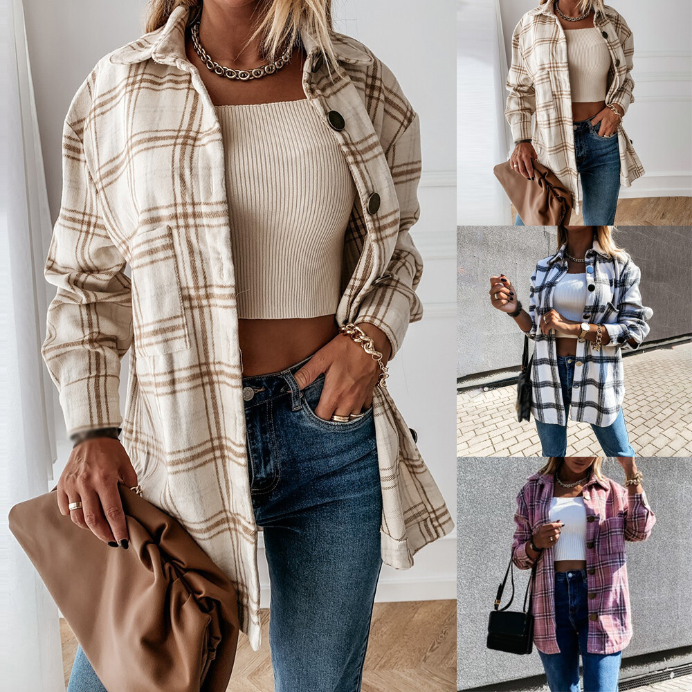  Jacke Mantel Oberbekleidung Hemd Damen Soft Karo Jacke Shacket Hemd Mantel