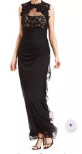 Betsy Adam Black/Nude Illusion Lace Applique Cascade Ruffle Gown