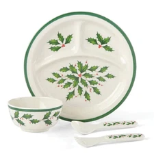 Lenox Melamine / Plastic Christmas Holly HOLIDAY Four Piece Childrens Set - N/O