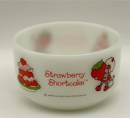 Vintage 1980 Anchor Hocking Fire King Bowl Strawberry Shortcake Milk Glass Bowl