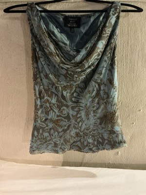 Carmen Marc Valvo Blue  Beaded Floral Sleeveless Cowl Neck Blouse Size S
