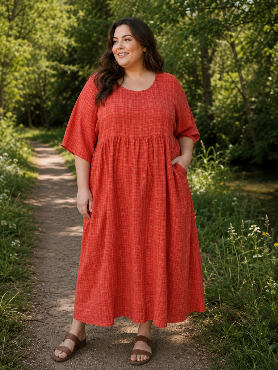 Loose-fitting orange boho-style viscose dress with pockets, size 3XL