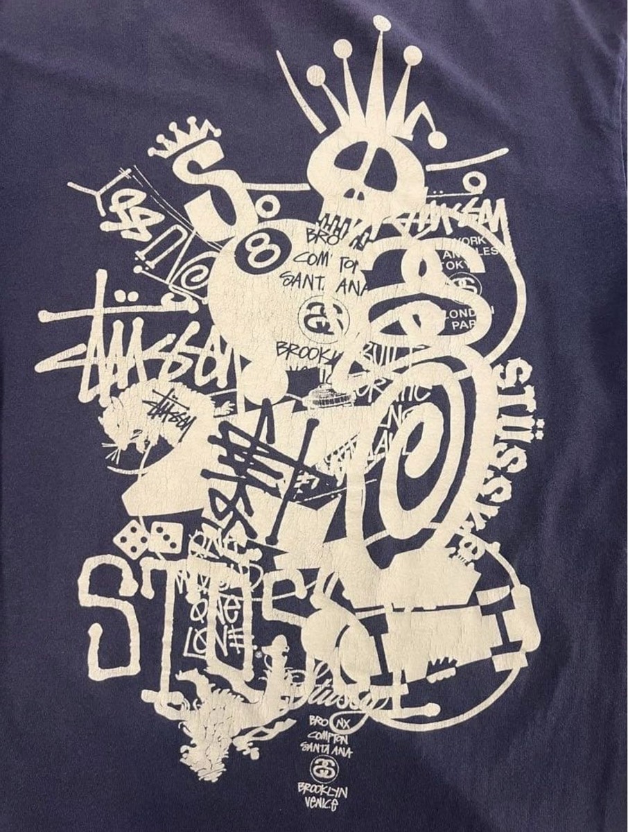 Stussy Skull 8 Ball World Tour Tee Navy M 00s Vintage Back Print