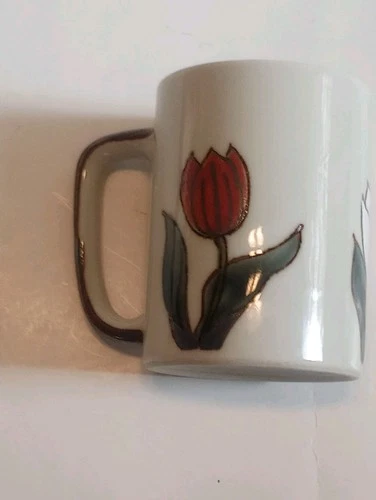 Otagiri Tulip Flowers Coffee Mug Tea Cup Orange White Retro Vtg  