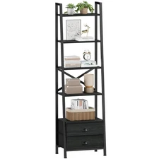 5-Tier Ladder Shelf with 2 Drawers,Narrow Bookshelf Storage Shelves,Industria...