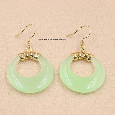 New Yellow Alloy Women Green Jade Circle Dangle Earrings Drop Hook 40mm H
