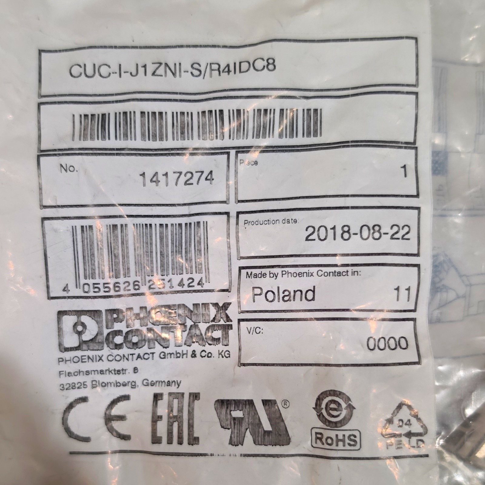 Phoenix Contact CUC-I-J1ZNI-S/R4IDC8 IDC In-Line 4-Pin Connector Gray 24AWG