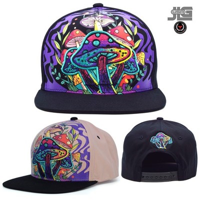 Vibrant Mushroom Forest Trippy TL Flat Brim Cap Hippie Streetwear Black Hat New