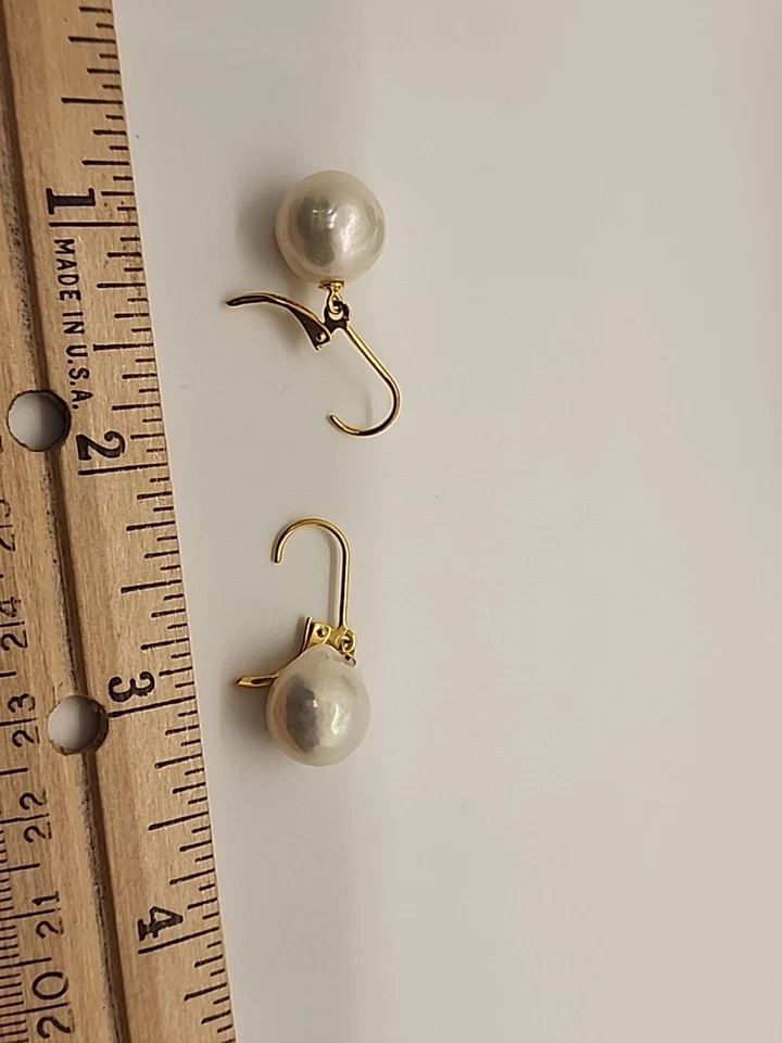 SPL142 11.5-12.5mm White Cultured FW Pearl 18k YG/Silver Dangle Earrings NIB - Image 4 of 4