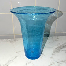 Unmarked Blue Glass Flared Bubble Vase 8 in Tall Decorative Flower Vase