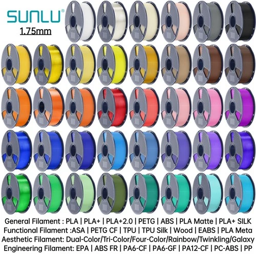 SUNLU 1.75mm PP ASA PVB PLA PLA+ PLA+2.0 HSPLA PETG SILK ABS EABS TPU Filament