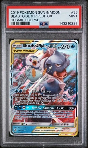 PSA 9 Mint 2019 POKEMON SUN & MOON COSMIC ECLIPSE #38 Blastoise & Piplup GX