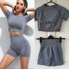 Navy Blue Grey Seamless Gym/Yoga/Sports 2 PCS Set, Top  Short. Size M/ UK 10-12