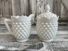 Vintage Fenton White Milk Glass Hobnail Creamer & Sugar Set w Lid USA