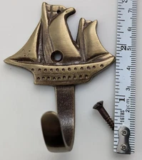 Brass Sailing ship Wall Key Coat Potholder Towel Door Hook Etc 3" x 2.25" Unused