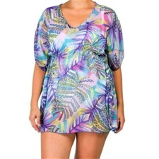 NWT Sand and Spirit Plus Made In Usa Tropical Palm Printed Chiffon Cover-up 1X