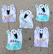 5 Halloween Ghost Yard Signs Decoration Amscan Vintage Metal Stakes