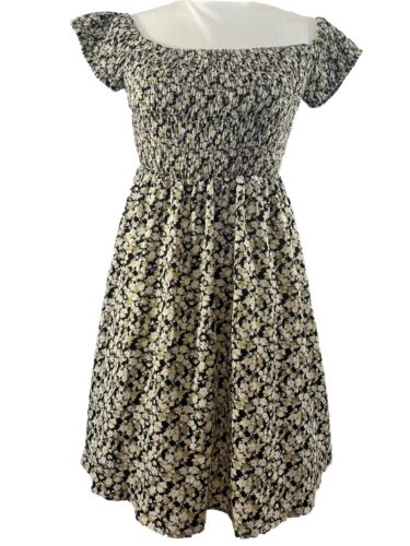 New Simplee Smocked Mini Dress Womens Large Black W/white Floral Print 90’s