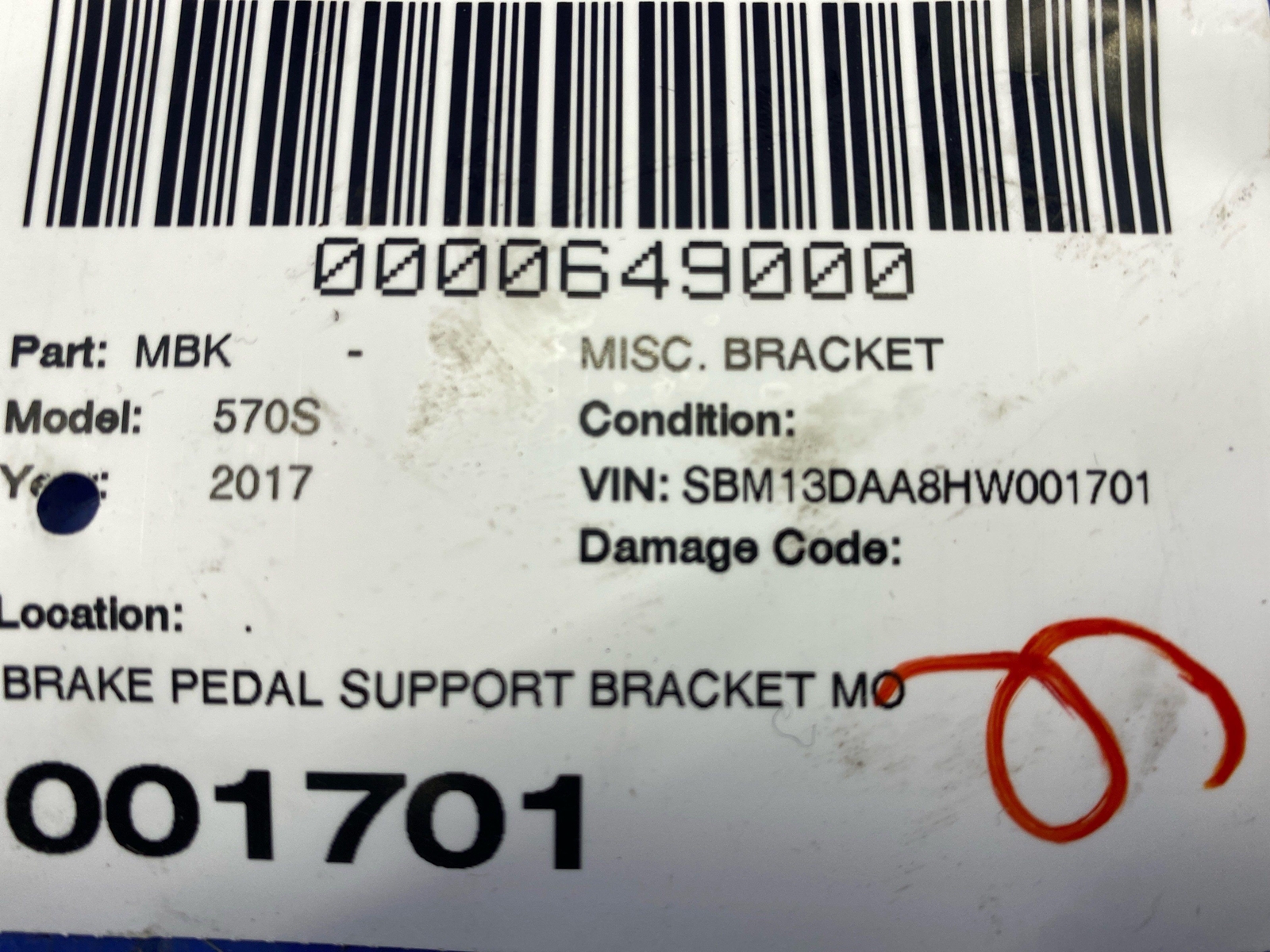 2016-2021 MCLAREN 570S BRAKE PEDAL SUPPORT BRACKET MOUNT 11D0192CP OEM