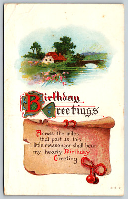 c1910s Birthday Greetings Farm Bridge Embossed Antique Postcard