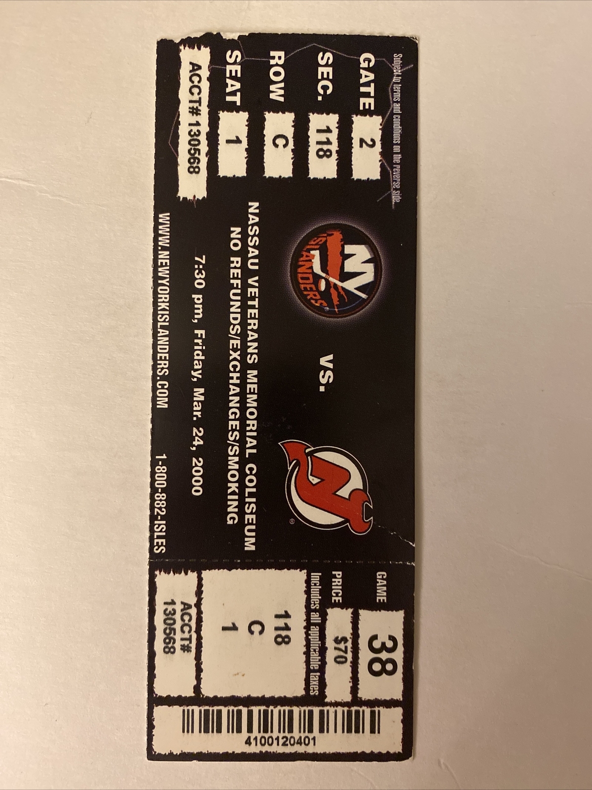 FILA 3 24 2000 New York Islanders vs New Jersey Devils Row C Seat 1 Ticket Stub