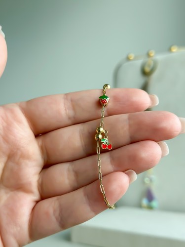 14k Solid Gold Baby Bracelet Paper Clip Link 2mm, 5" to 5.5", Strawberry, Cherry - Picture 3 of 4